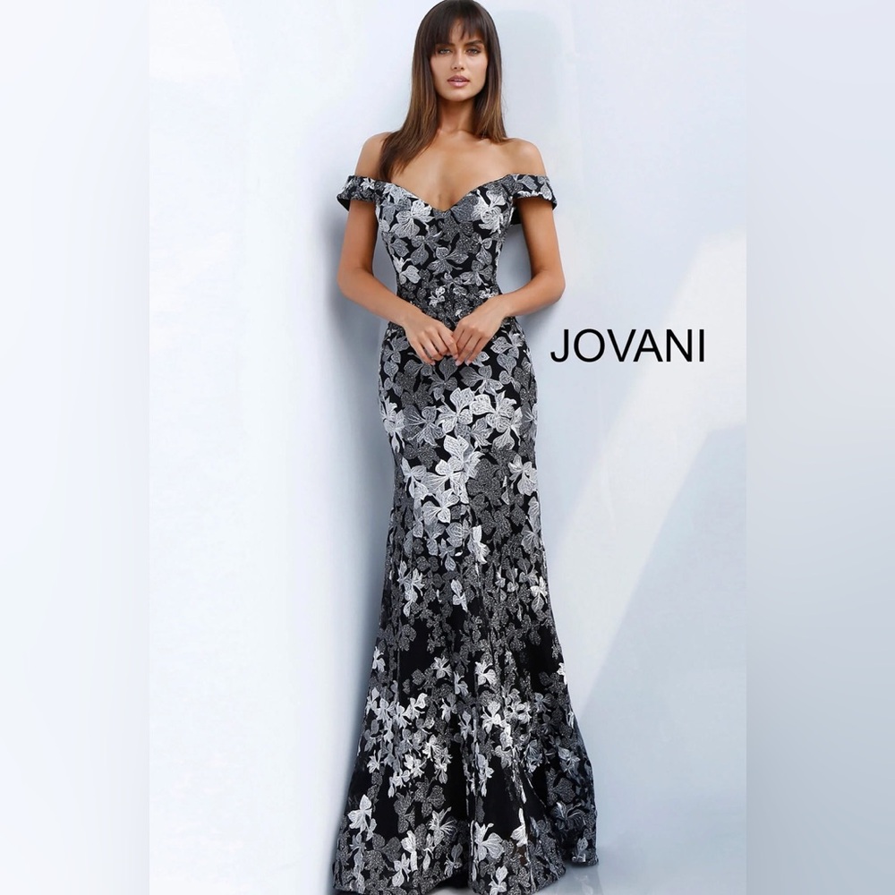 Jovani 61380 Black Grey Floral Embroidered Off the Shoulder Evening Dress